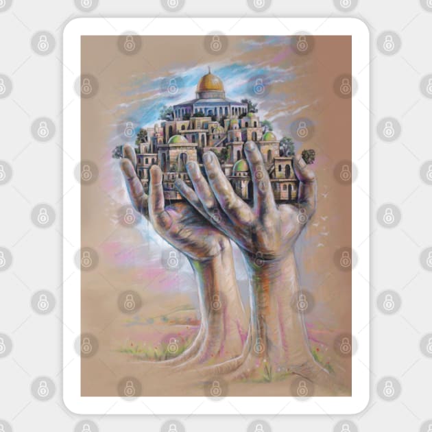 Save Jerusalem Al Aqsa Painting, Palestinian Resistance Hands Holding Al Quds Old City Magnet by QualiTshirt